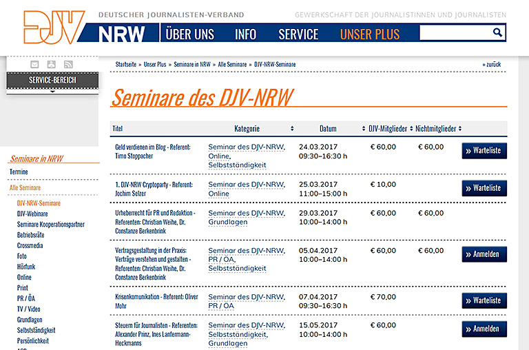 In seiner Datenbank (Bild l.) bewirbt der DJV-NRW sein eigenes Seminarprogramm und die Angebote der Kooperationspartner. 